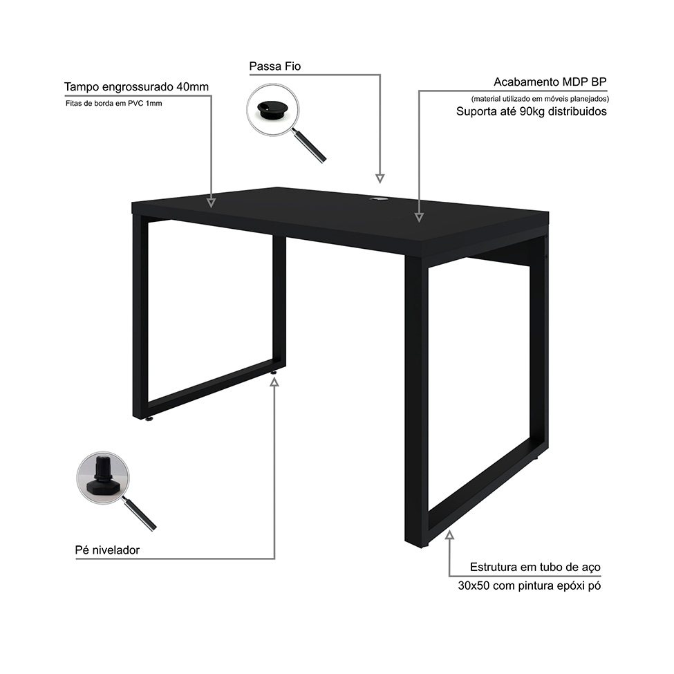 Mesa de Escritório Retangular Miguel Preta 120 cm
