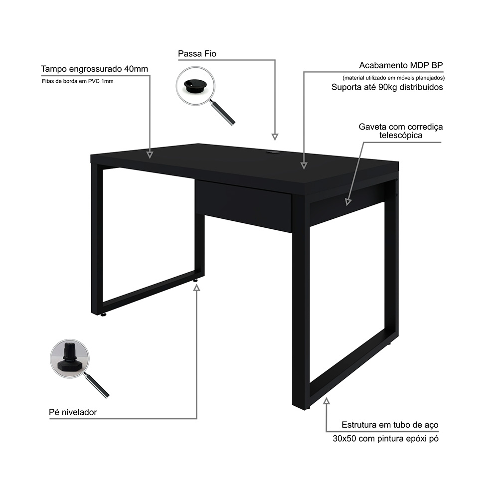 Mesa de Escritório Retangular Miguel Preta 120 cm