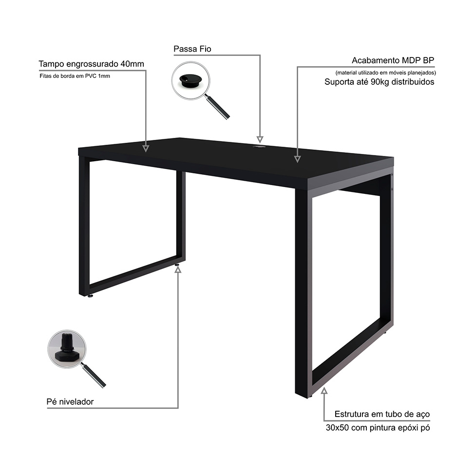 Mesa de Escritório Retangular Miguel Preta 135 cm