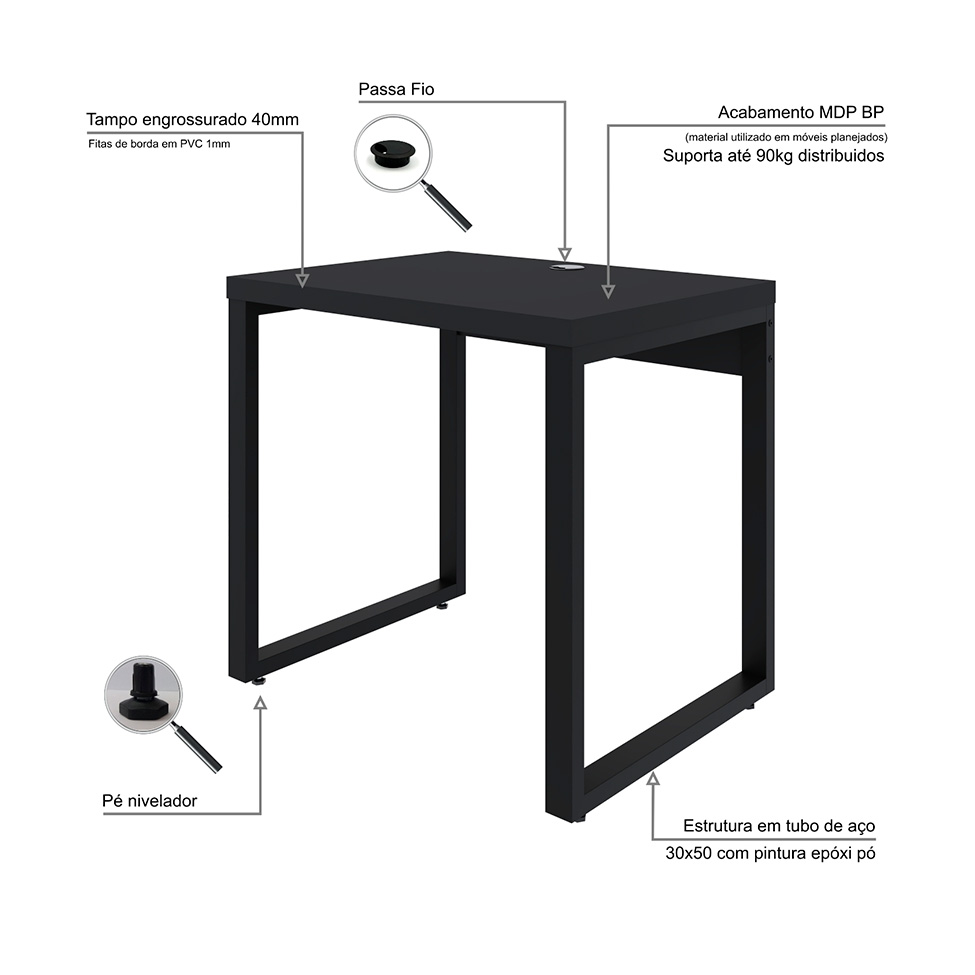 Mesa de Escritório Retangular Miguel Preta 80 cm