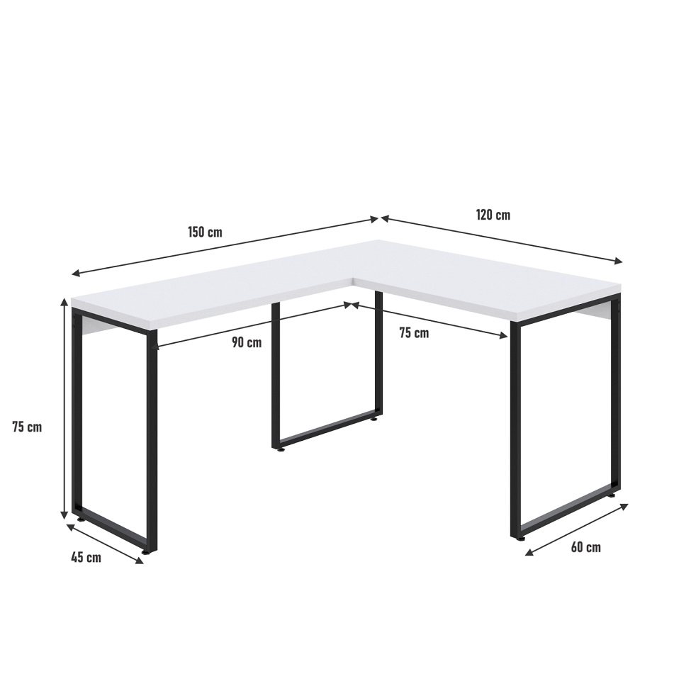 Mesa de Escritório em L Kuadra Branca e Preta 150x120 cm