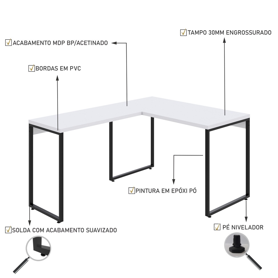 Mesa de Escritório em L Kuadra Branca e Preta 150x120 cm
