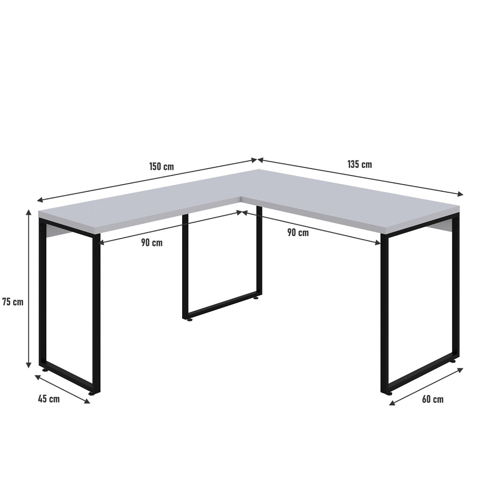 Mesa de Escritório em L Kuadra Branca e Preta 150x135 cm