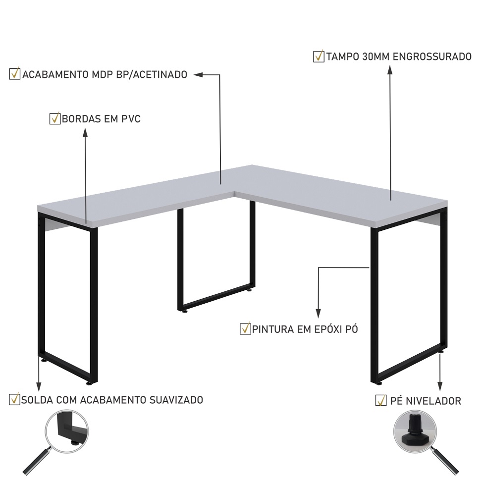 Mesa de Escritório em L Kuadra Branca e Preta 150x135 cm