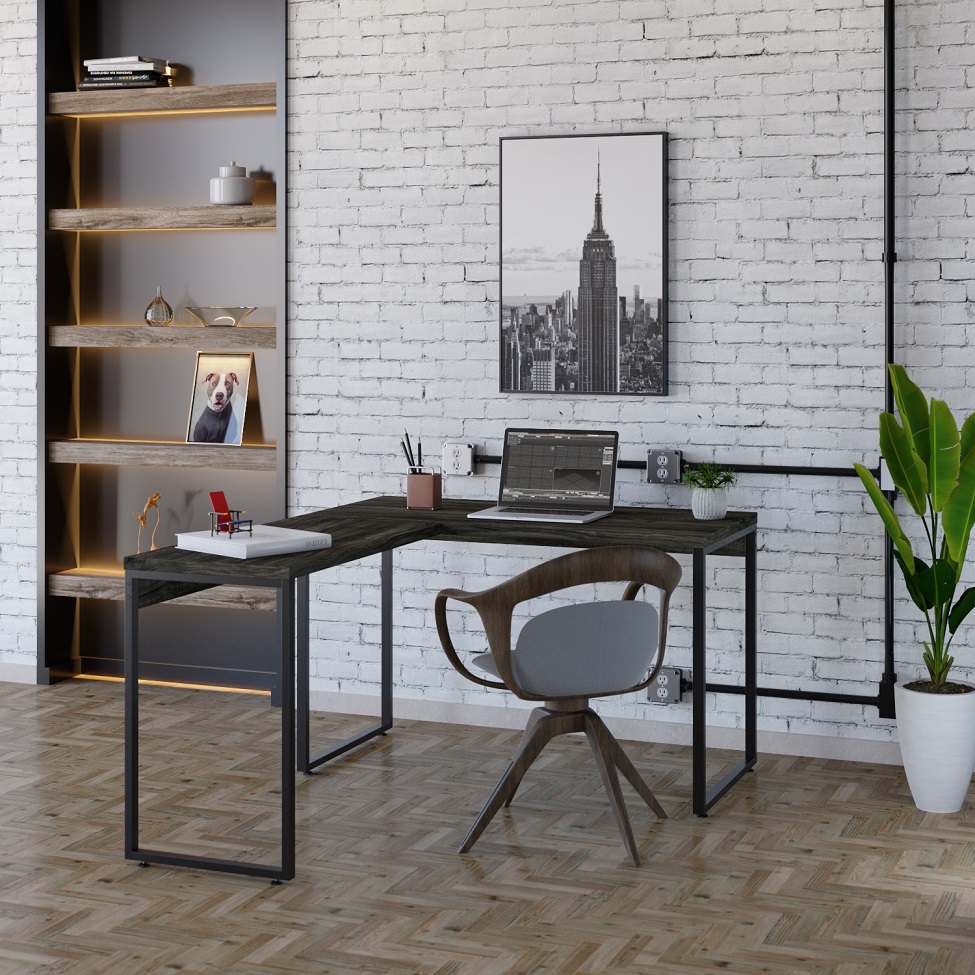 Mesa de Escritório em L Kuadra Carvalho Dark e Preta 150x120 cm