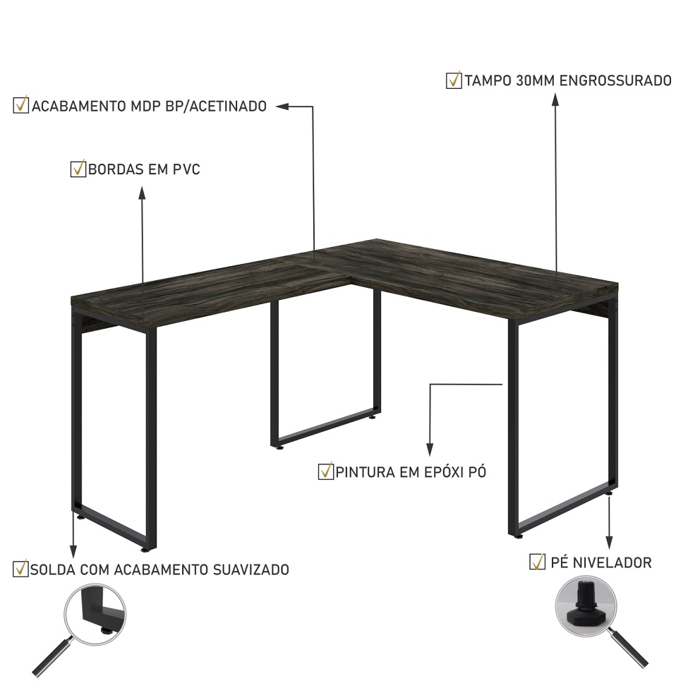 Mesa de Escritório em L Kuadra Carvalho Dark e Preta 150x120 cm