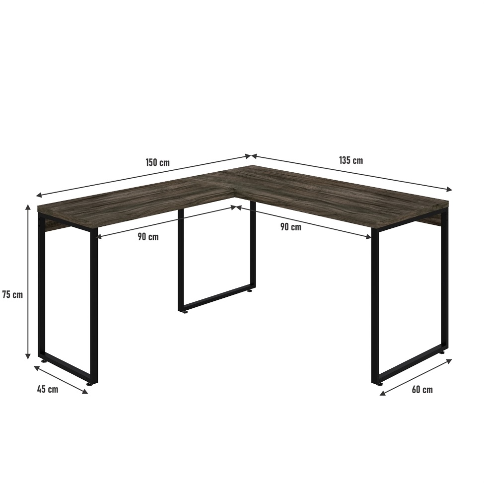 Mesa de Escritório em L Kuadra Carvalho Dark e Preta 150x135 cm