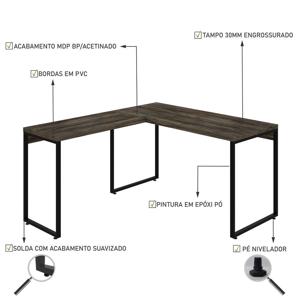 Mesa de Escritório em L Kuadra Carvalho Dark e Preta 150x135 cm