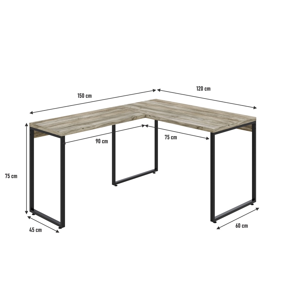 Mesa de Escritório em L Kuadra Carvalho e Preta 150x120 cm