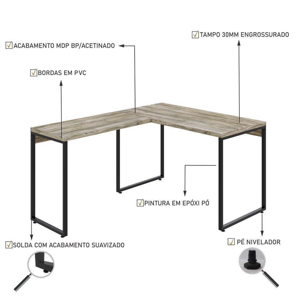 Mesa de Escritório em L Kuadra Carvalho e Preta 150x120 cm