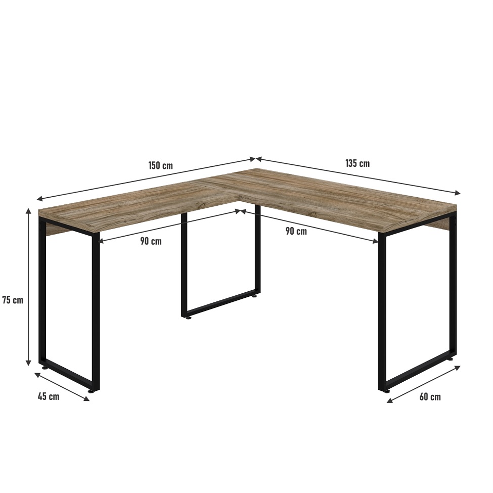 Mesa de Escritório em L Kuadra Carvalho e Preta 150x135 cm