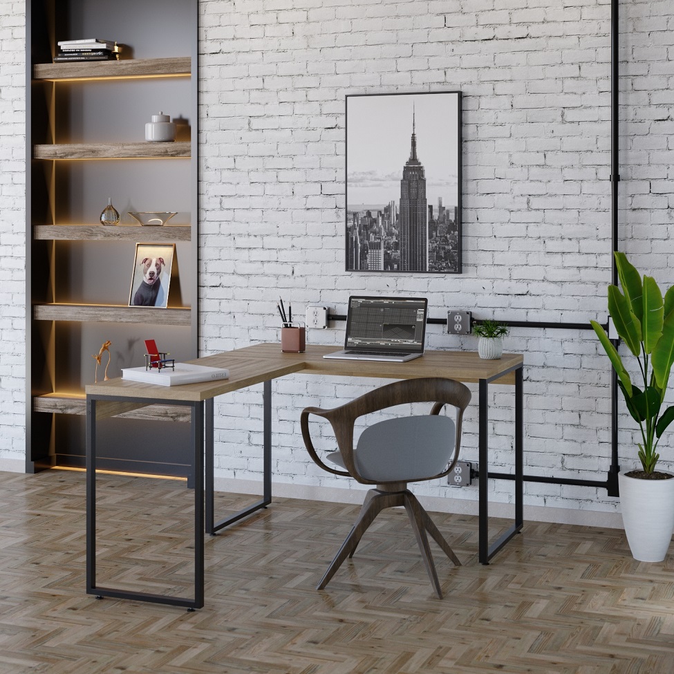 Mesa de Escritório em L Kuadra Mel e Preta 150x120 cm
