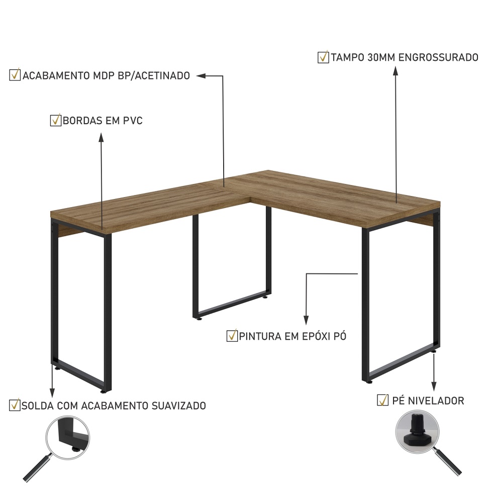 Mesa de Escritório em L Kuadra Mel e Preta 150x120 cm