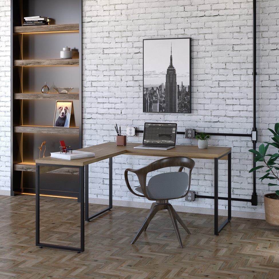 Mesa de Escritório em L Kuadra Mel e Preta 150x135 cm