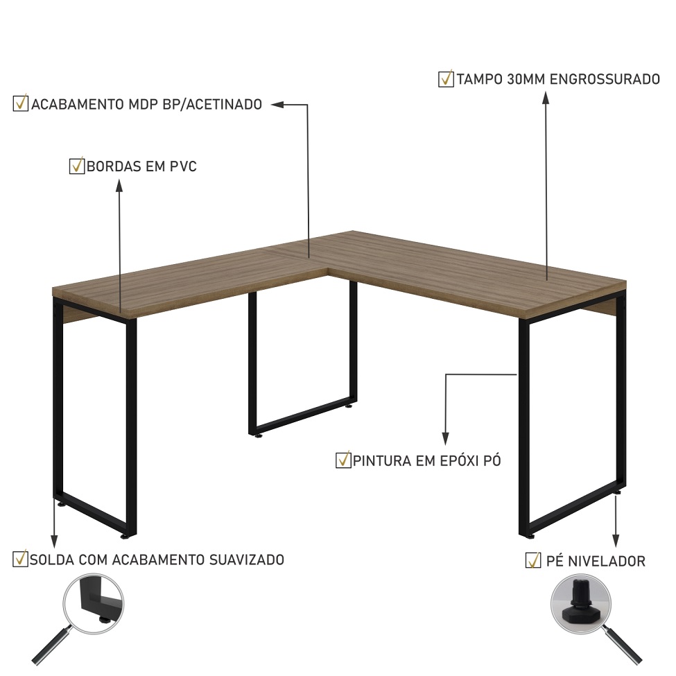 Mesa de Escritório em L Kuadra Mel e Preta 150x135 cm