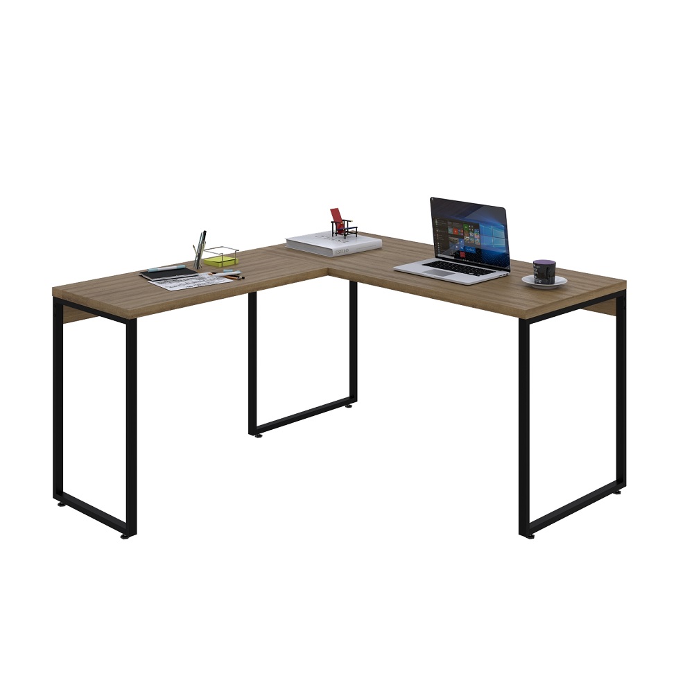 Mesa de Escritório em L Kuadra Mel e Preta 150x135 cm