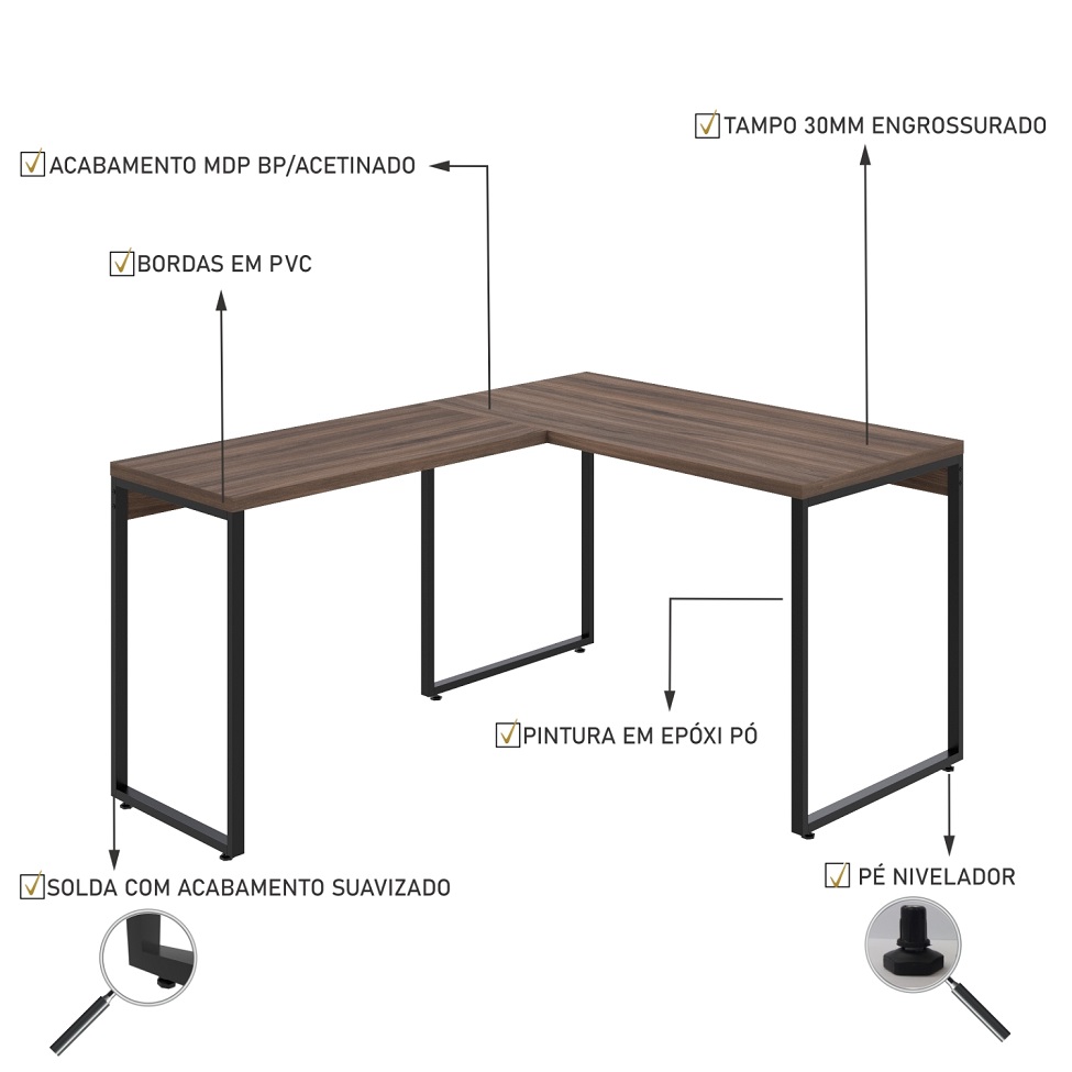 Mesa de Escritório em L Kuadra Nogal e Preta 150x120 cm