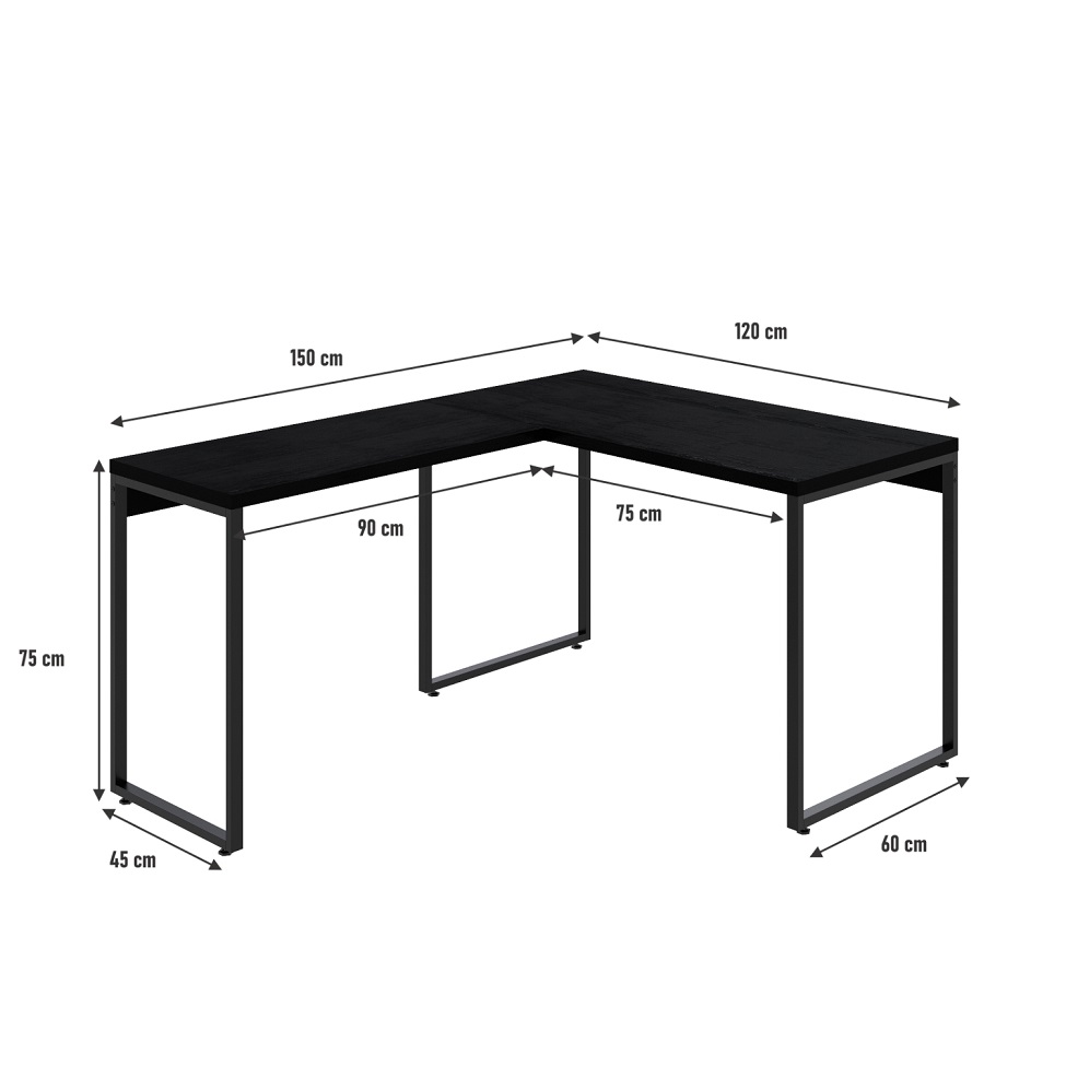 Mesa de Escritório em L Kuadra Preta 150x120 cm