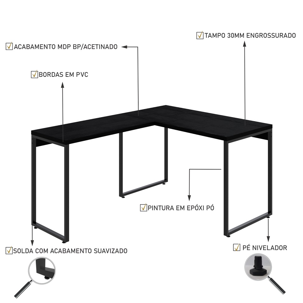 Mesa de Escritório em L Kuadra Preta 150x120 cm