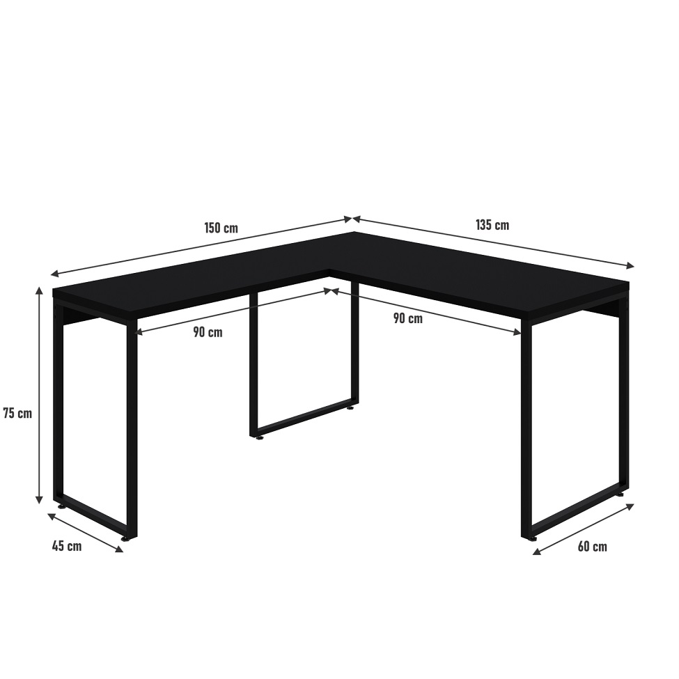 Mesa de Escritório em L Kuadra Preta 150x135 cm