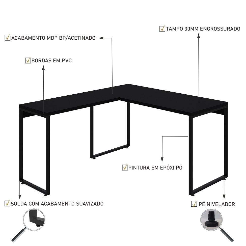 Mesa de Escritório em L Kuadra Preta 150x135 cm