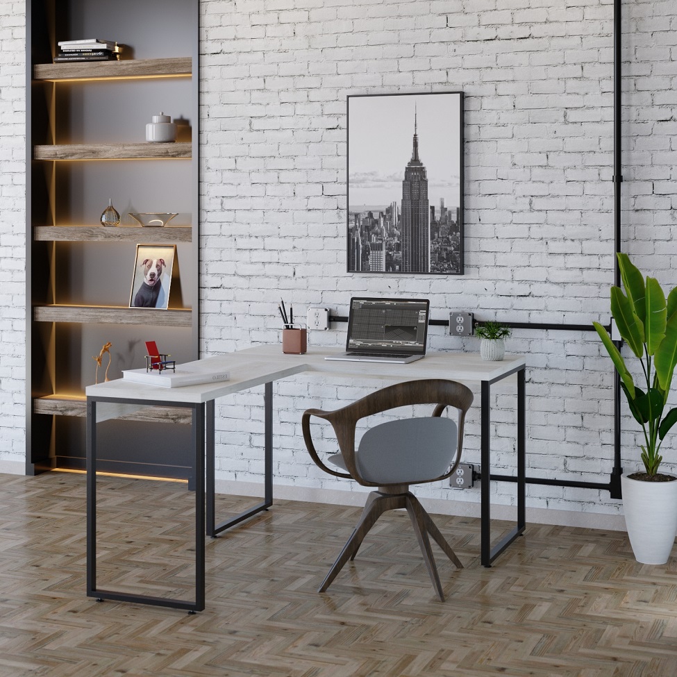 Mesa de Escritório em L Kuadra Snow e Preta 150x120 cm