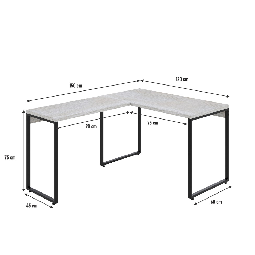 Mesa de Escritório em L Kuadra Snow e Preta 150x120 cm