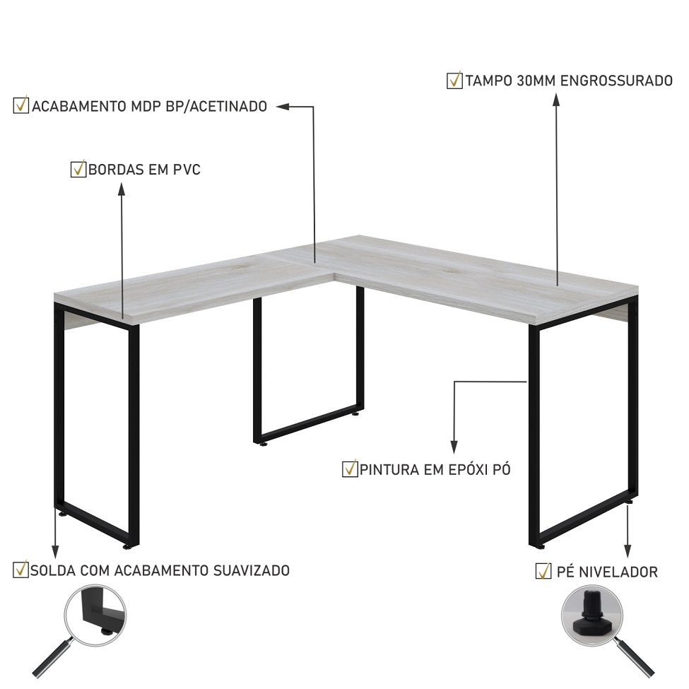 Mesa de Escritório em L Kuadra Snow e Preta 150x135 cm