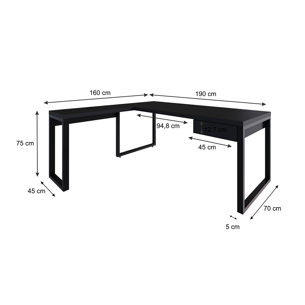 Mesa de Escritório em L Miguel 1 GV Preta 190 cm
