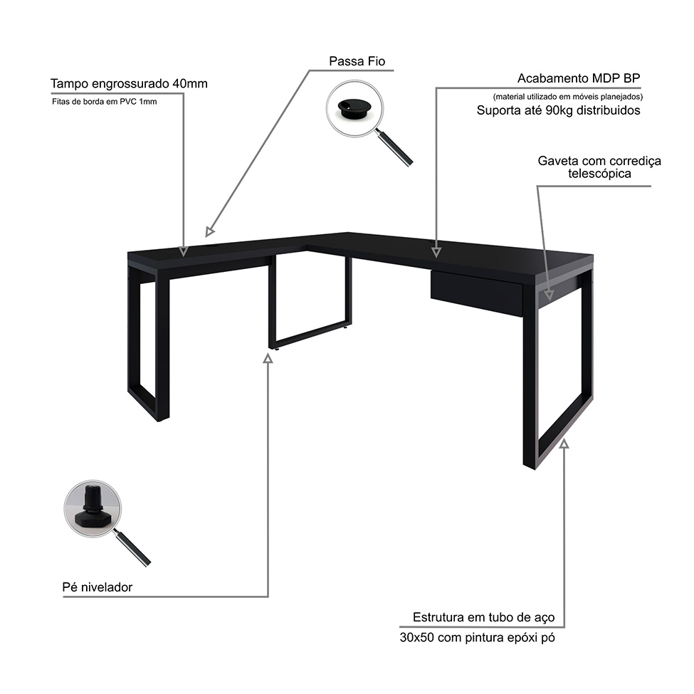 Mesa de Escritório em L Miguel 1 GV Preta 190 cm