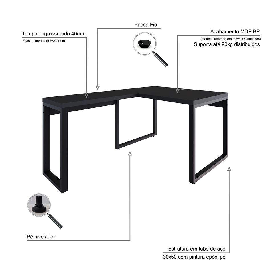 Mesa de Escritório em L Miguel Preta 120 cm