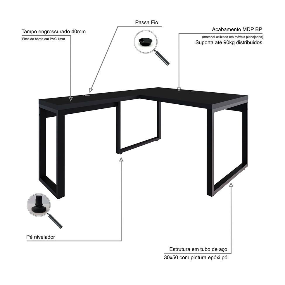 Mesa de Escritório em L Miguel Preta 135 cm
