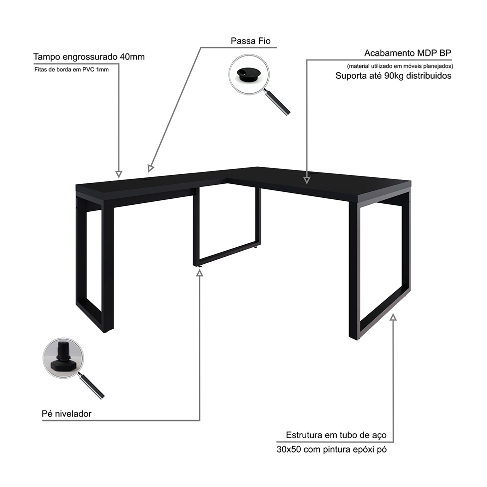 Mesa de Escritório em L Miguel Preta 150 cm