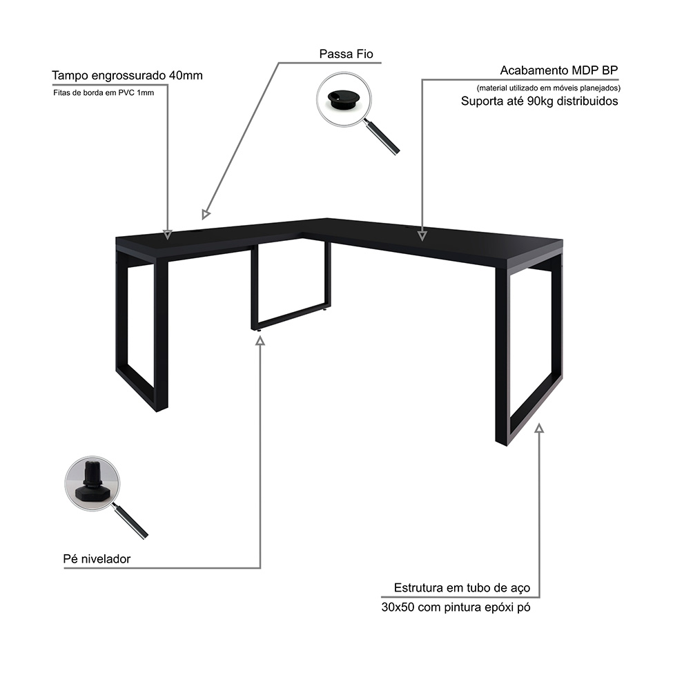 Mesa de Escritório em L Miguel Preta 190 cm