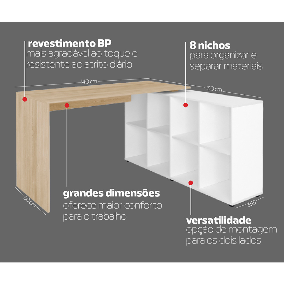 Mesa de Escritório em L Nero Carvalho e Branca