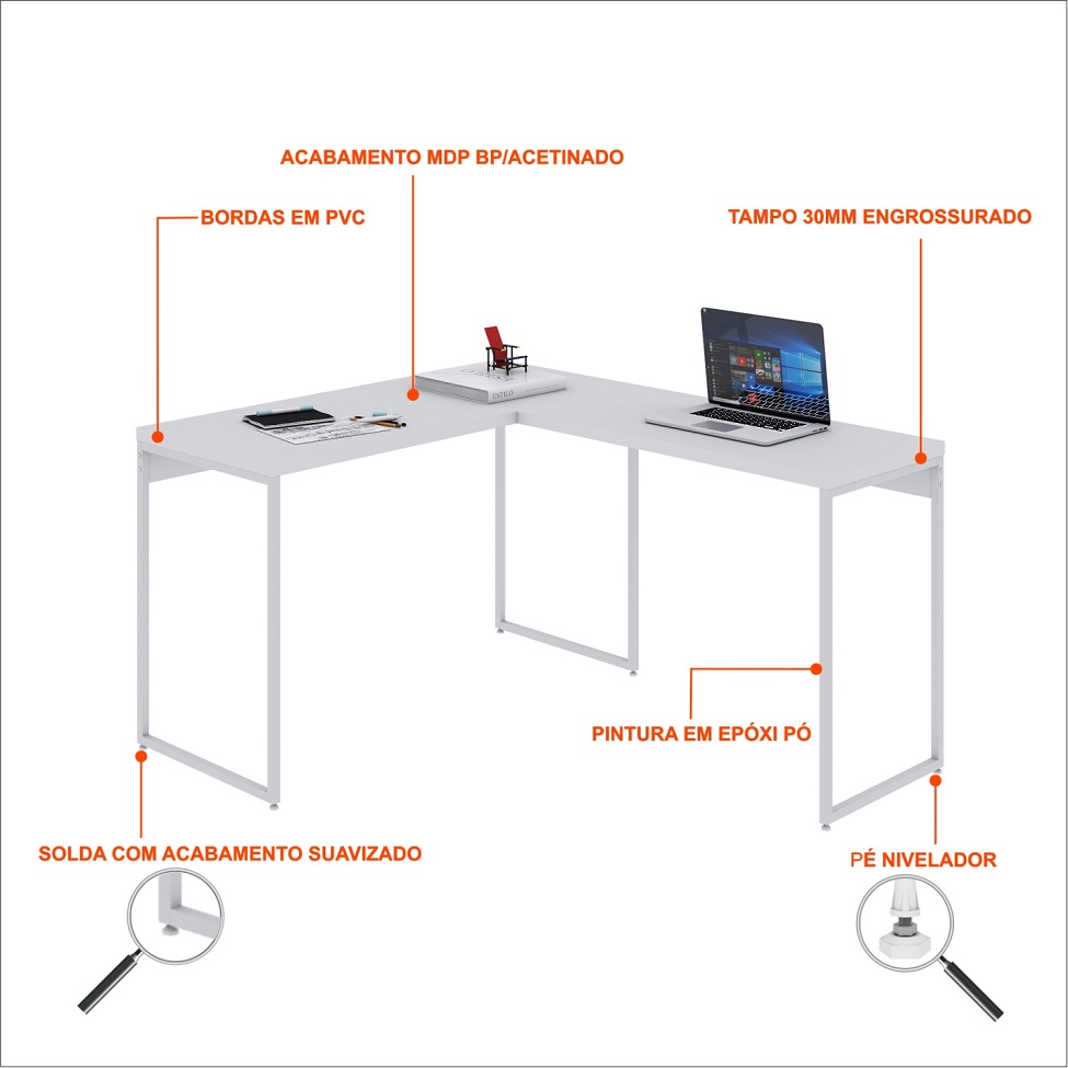 Mesa de Escritório em L Studio Branca 120x140 cm
