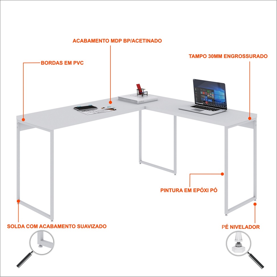 Mesa de Escritório em L Studio Branca 150x140 cm