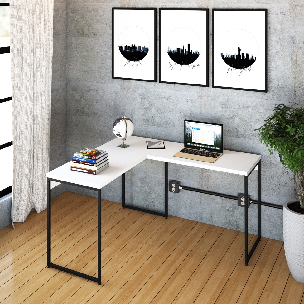 Mesa de Escritório em L Studio Branca e Preta 120x140 cm