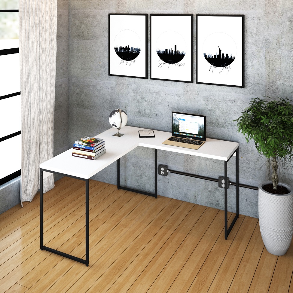 Mesa de Escritório em L Studio Branca e Preta 135x140 cm