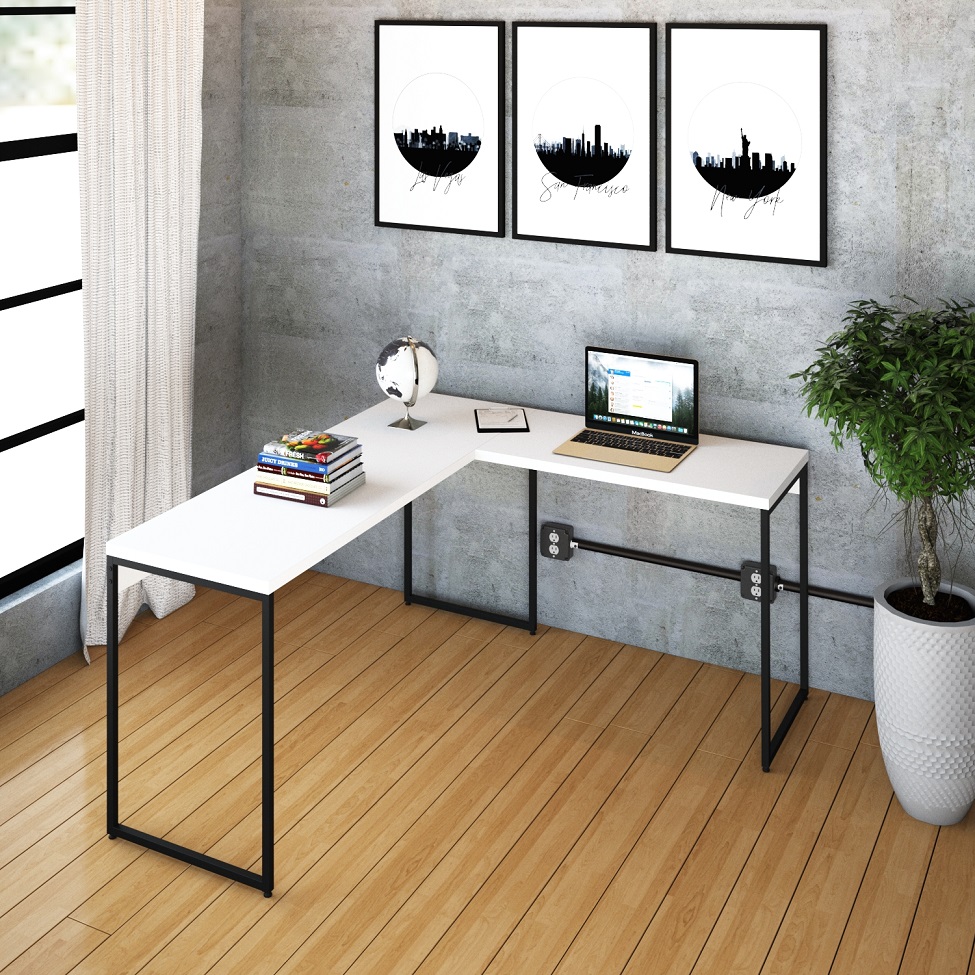 Mesa de Escritório em L Studio Branca e Preta 150x140 cm