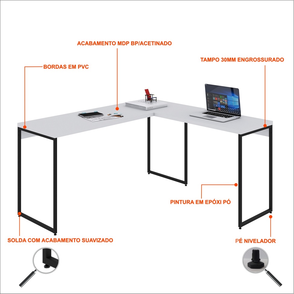 Mesa de Escritório em L Studio Branca e Preta 150x140 cm