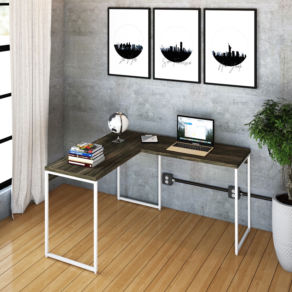 Mesa de Escritório em L Studio Carvalho Dark e Branca 120x140 cm