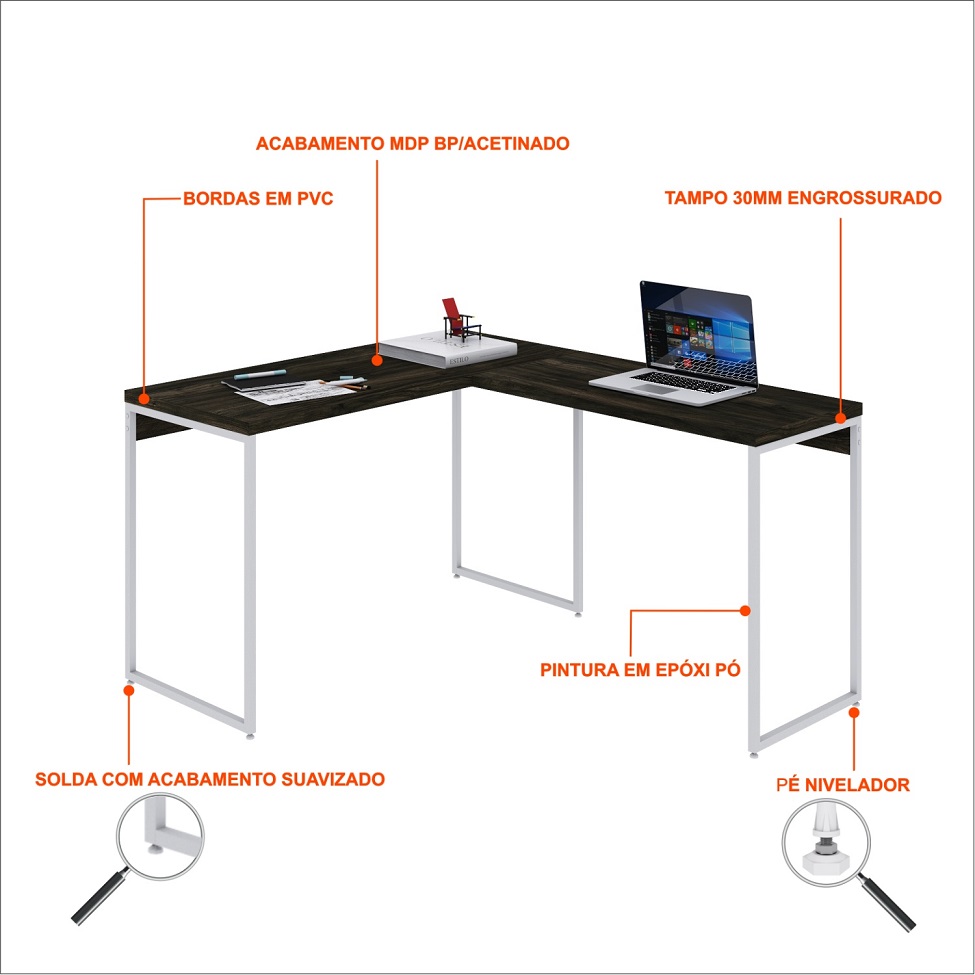 Mesa de Escritório em L Studio Carvalho Dark e Branca 120x140 cm