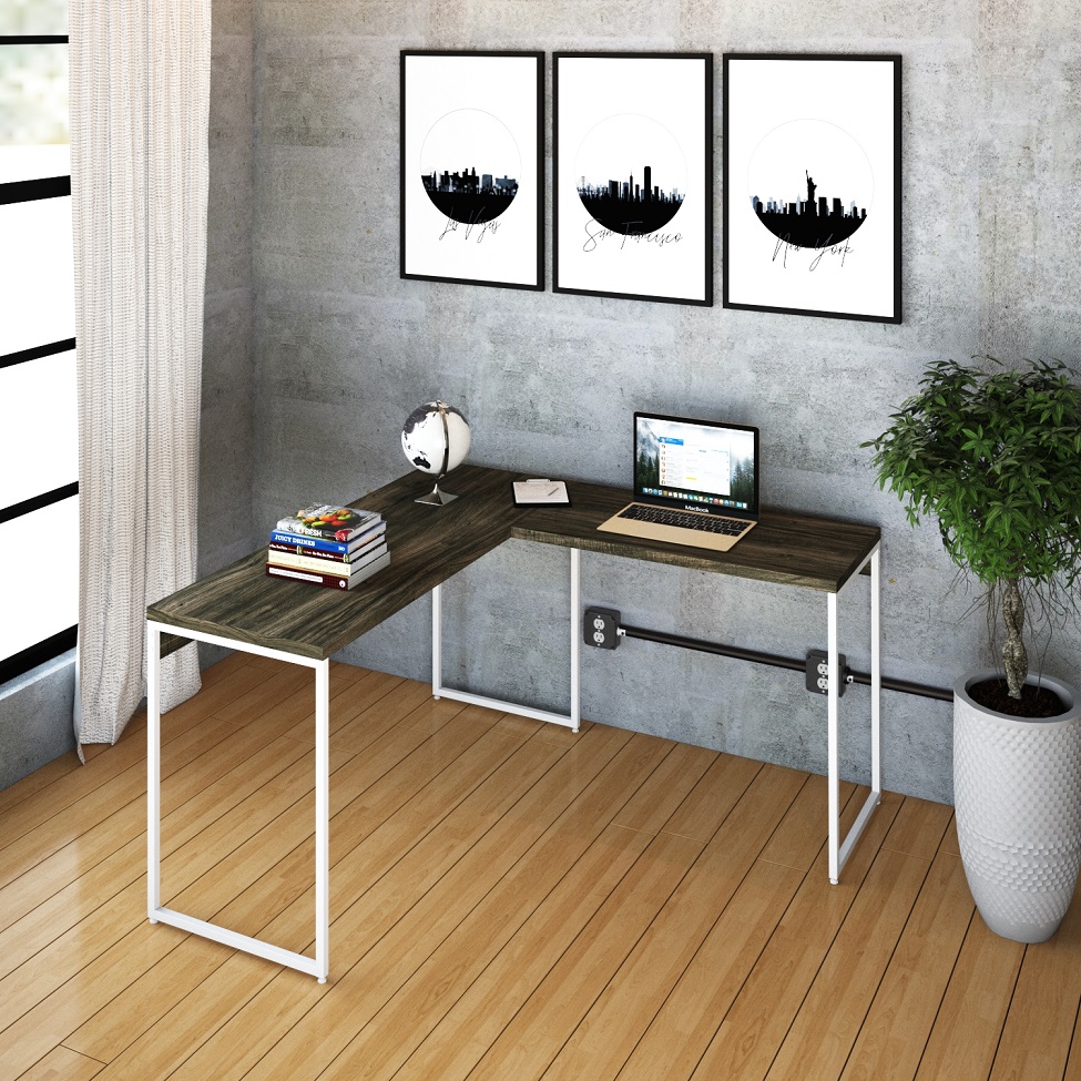 Mesa de Escritório em L Studio Carvalho Dark e Branca 135x140 cm