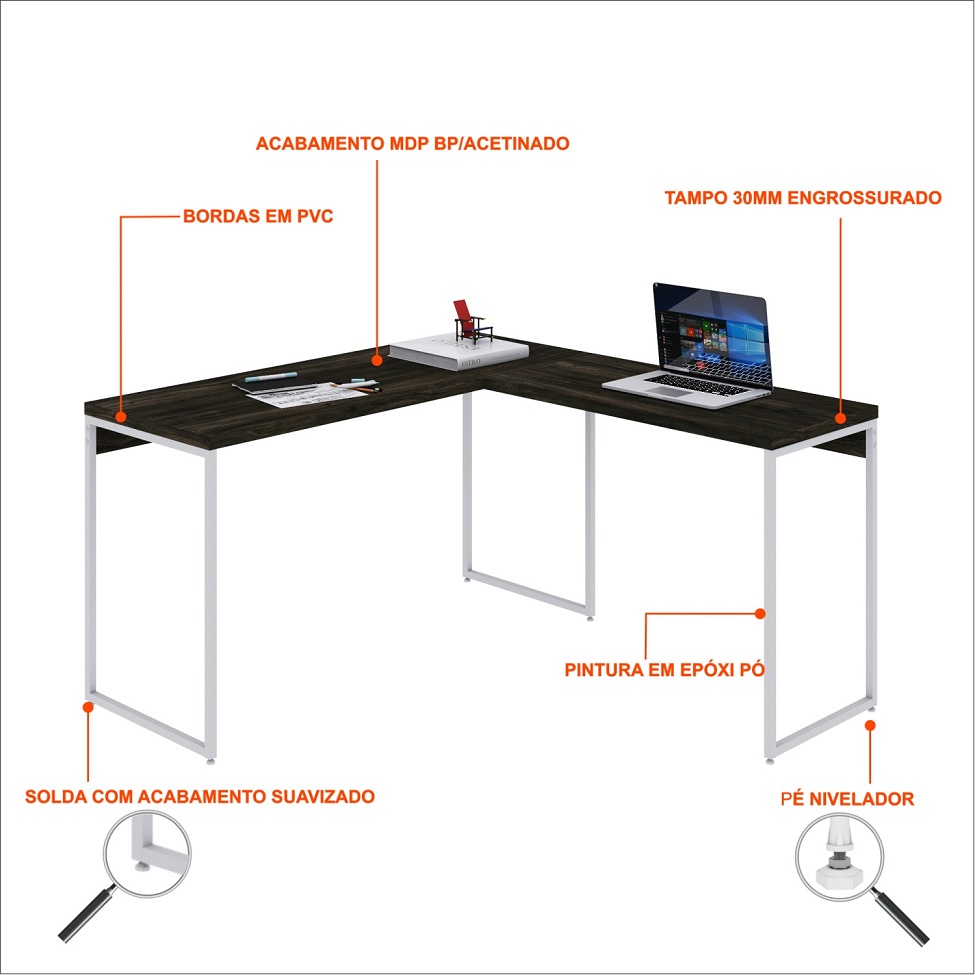 Mesa de Escritório em L Studio Carvalho Dark e Branca 135x140 cm