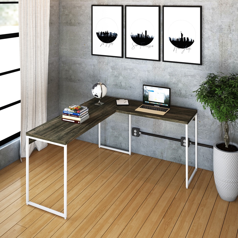 Mesa de Escritório em L Studio Carvalho Dark e Branca 150x140 cm