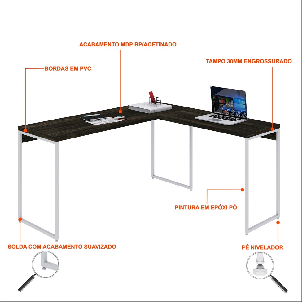 Mesa de Escritório em L Studio Carvalho Dark e Branca 150x140 cm