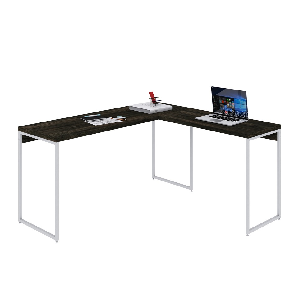 Mesa de Escritório em L Studio Carvalho Dark e Branca 150x140 cm