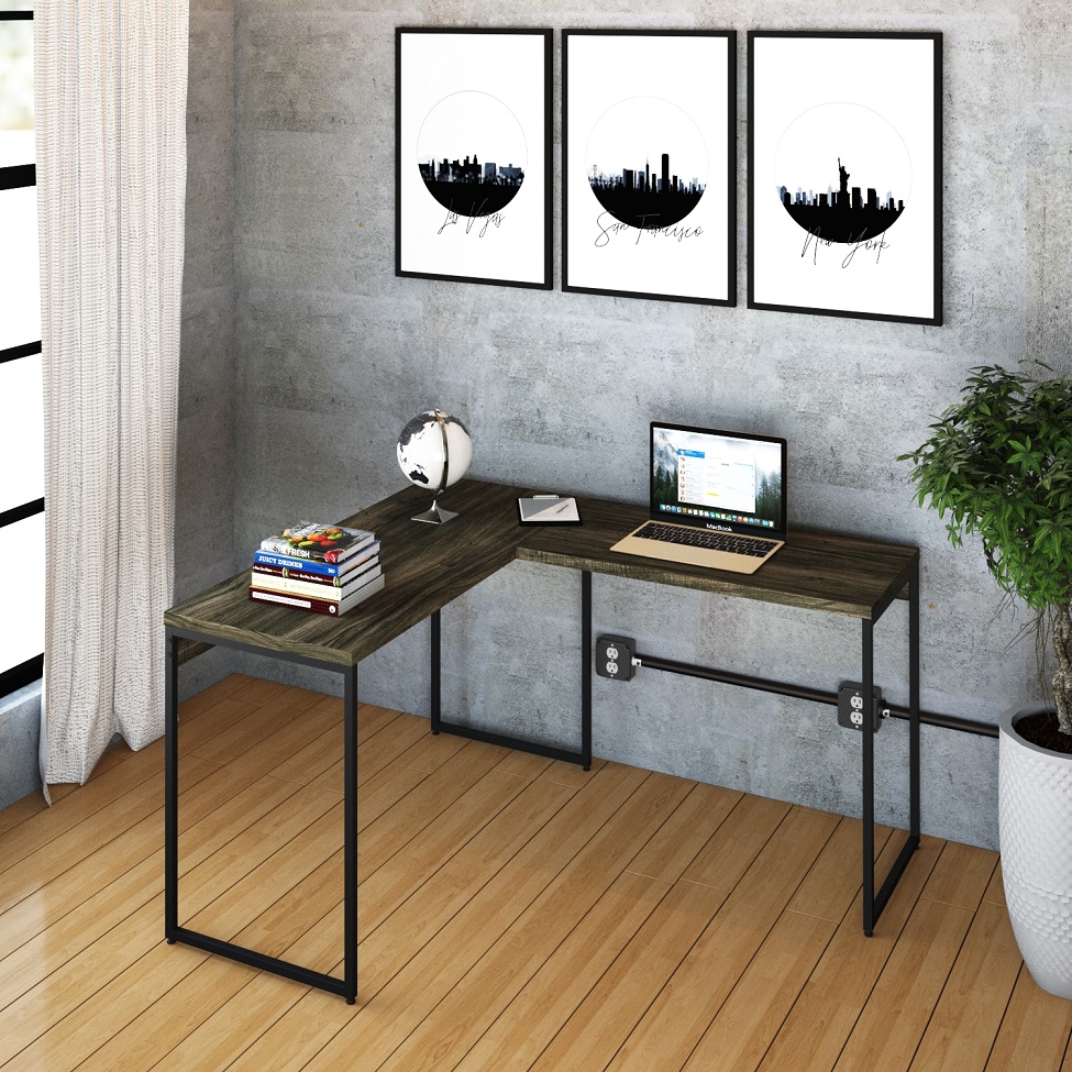 Mesa de Escritório em L Studio Carvalho Dark e Preta 120x140 cm