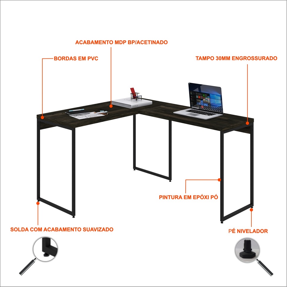 Mesa de Escritório em L Studio Carvalho Dark e Preta 120x140 cm